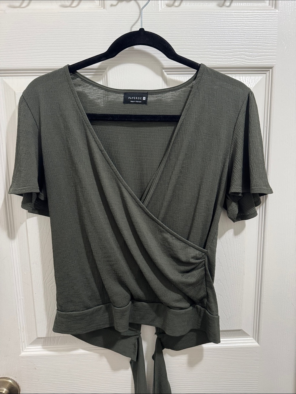 PAPER & CO Wrap-Front Short Sleeve Blouse in Olive